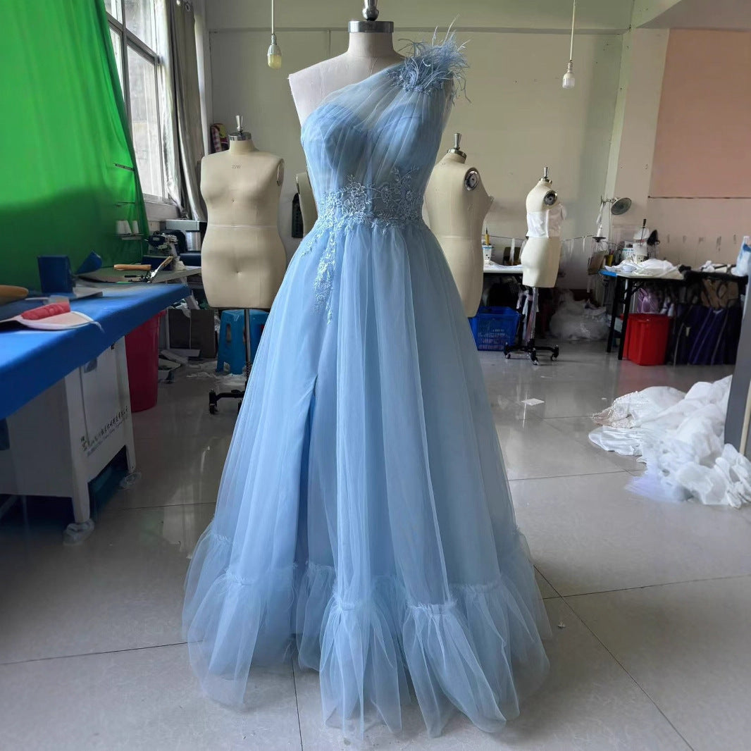 Blue One-shoulder Feather Wedding Dress GlamzKart