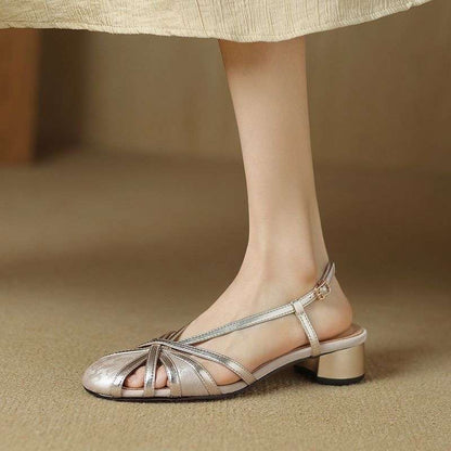 Retro New Chinese Style Round Head Chunky Heel Sandals GlamzKart