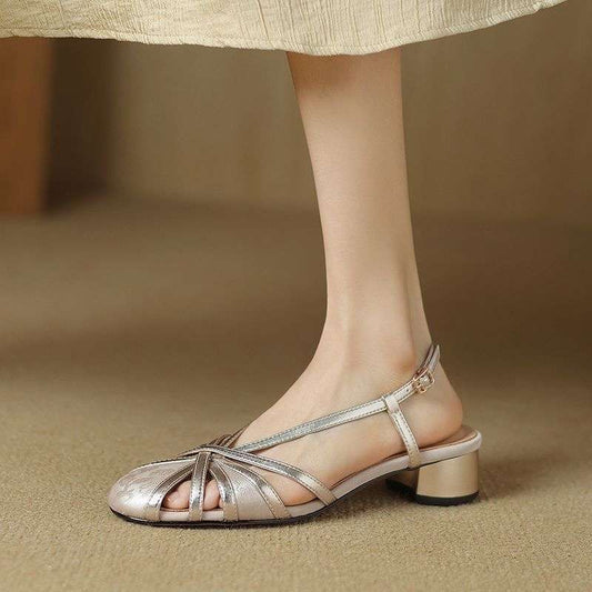 Retro New Chinese Style Round Head Chunky Heel Sandals GlamzKart