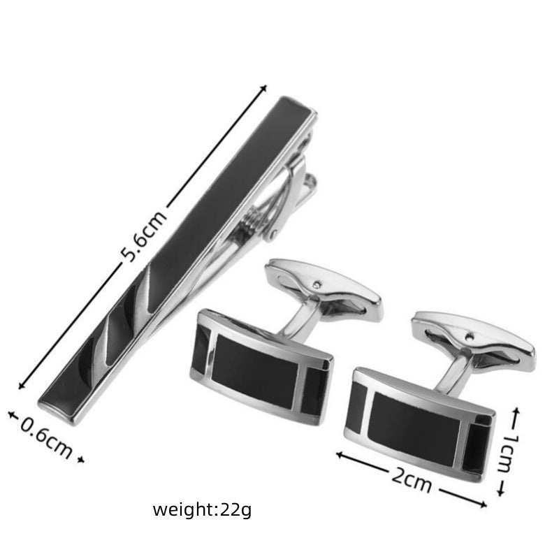 Black Enamel Silver Diagonal Stripes Tie Clip Cuff Buckle Set GlamzKart