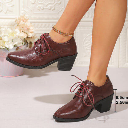 Pointed British Style High Heel Chunky Heel Front Lace-up Low-top Leather Shoes Red GlamzKart