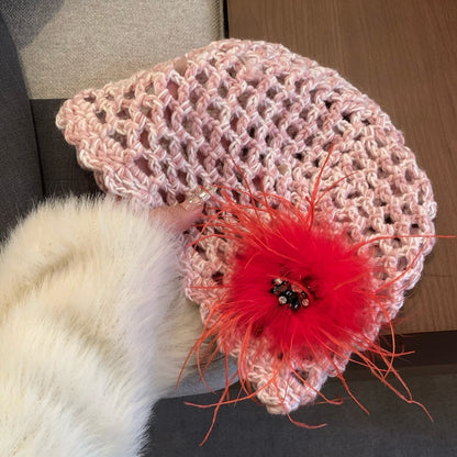 French Retro Black Feather Hand-woven Knitted Hat Pink M GlamzKart