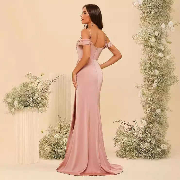 Off-the-shoulder Satin Bridesmaid Corset Ball Gown GlamzKart