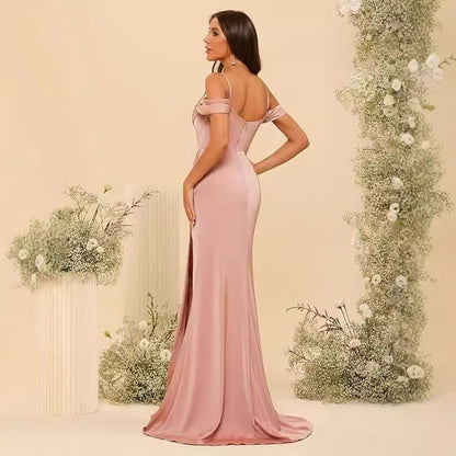 Off-the-shoulder Satin Bridesmaid Corset Ball Gown GlamzKart