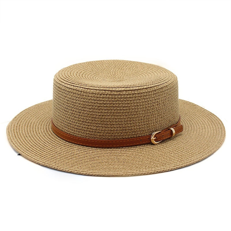 Wide Brim Flat Top Women's Spring And Summer Sun Beach Sun-proof Straw Hat Khaki M GlamzKart