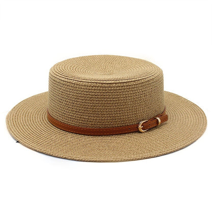 Wide Brim Flat Top Women's Spring And Summer Sun Beach Sun-proof Straw Hat Khaki M GlamzKart