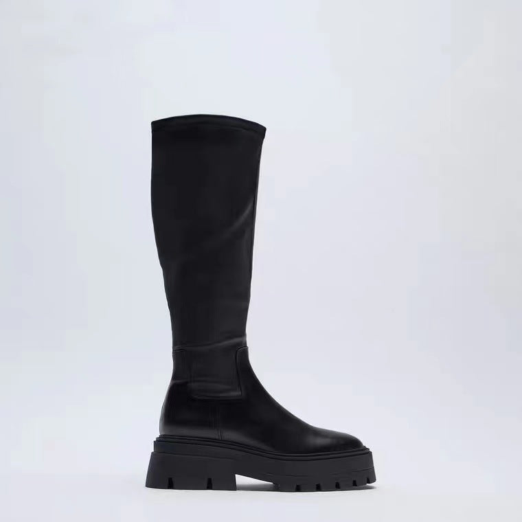 Autumn And Winter Horse Knight Boots High Leg Boot Thick Bottom Female Stretch Boots Black GlamzKart
