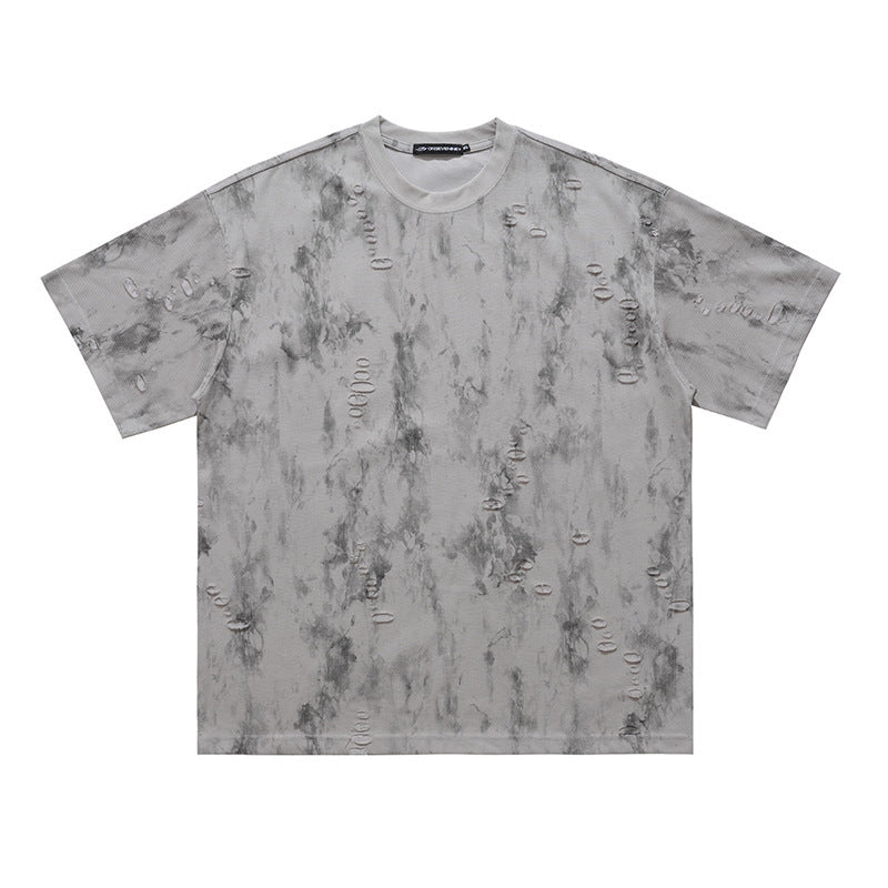Ripped Edging Design Small Neckline Loose National Fashion Short Sleeve T-shirt Gray GlamzKart