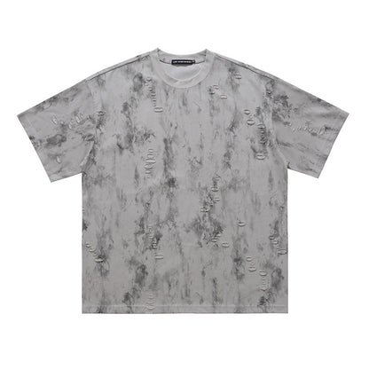 Ripped Edging Design Small Neckline Loose National Fashion Short Sleeve T-shirt Gray GlamzKart