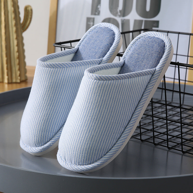Household Stripes Home Indoor Non Slip Cotton Slippers Light Blue GlamzKart