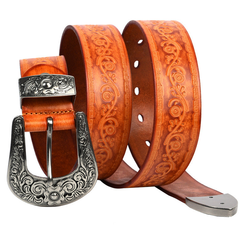 Embossed First Layer Cowhide Men's Mongolian Style Personalized Carved Belt Lucky Flower Yellow GlamzKart