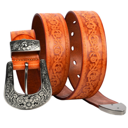 Embossed First Layer Cowhide Men's Mongolian Style Personalized Carved Belt Lucky Flower Yellow GlamzKart