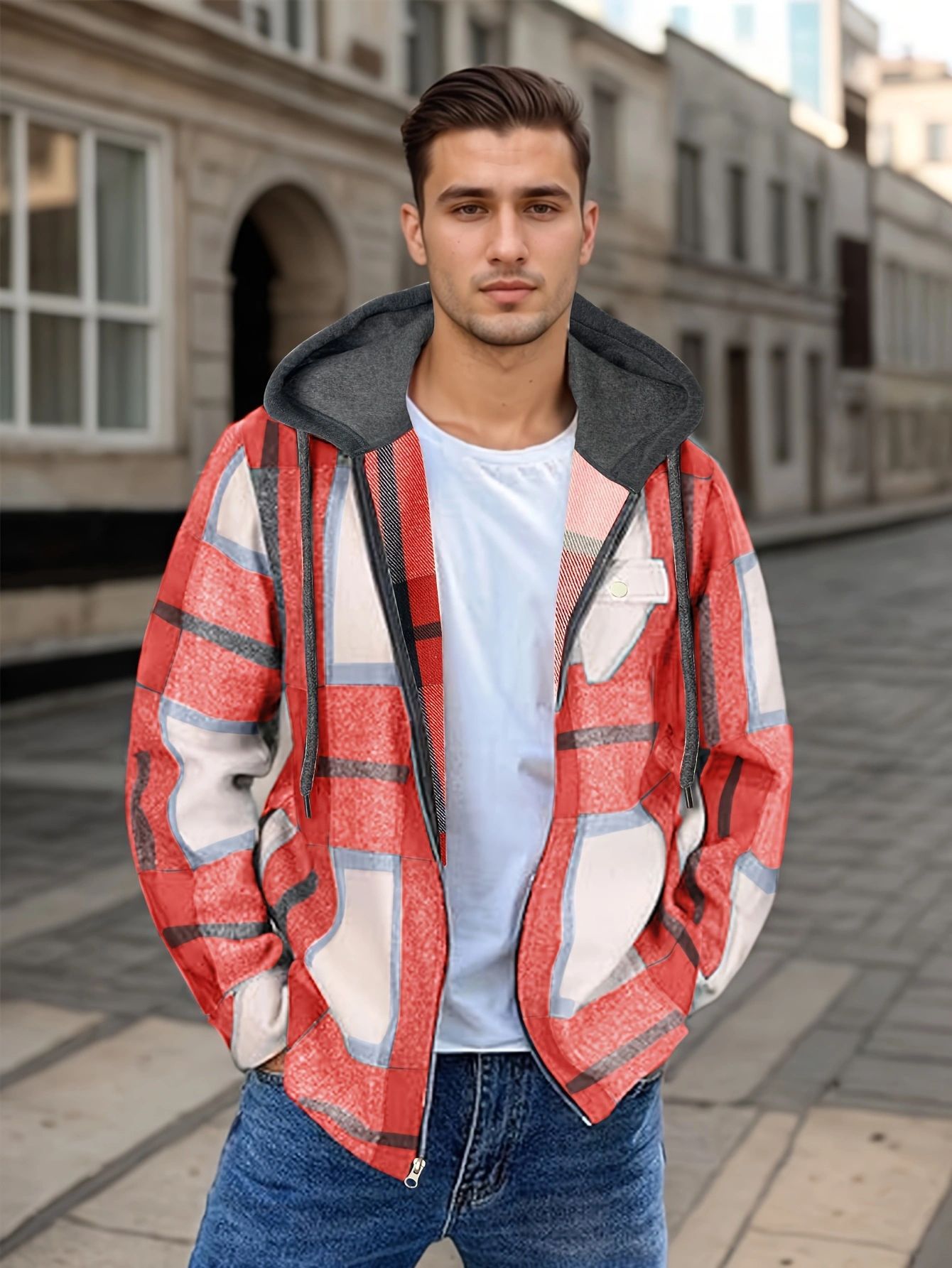 Men's Flannel Jacket Zipper Hooded Jacket Red GlamzKart