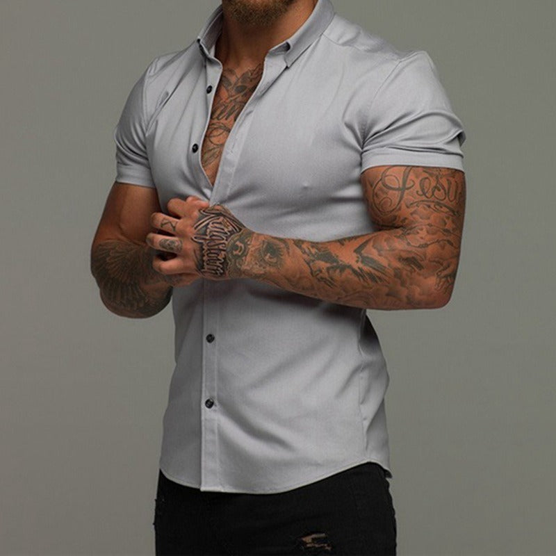 Short Sleeve Lapel Shirt Elastic Thin Solid Color Light Gray GlamzKart