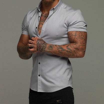Short Sleeve Lapel Shirt Elastic Thin Solid Color Light Gray GlamzKart