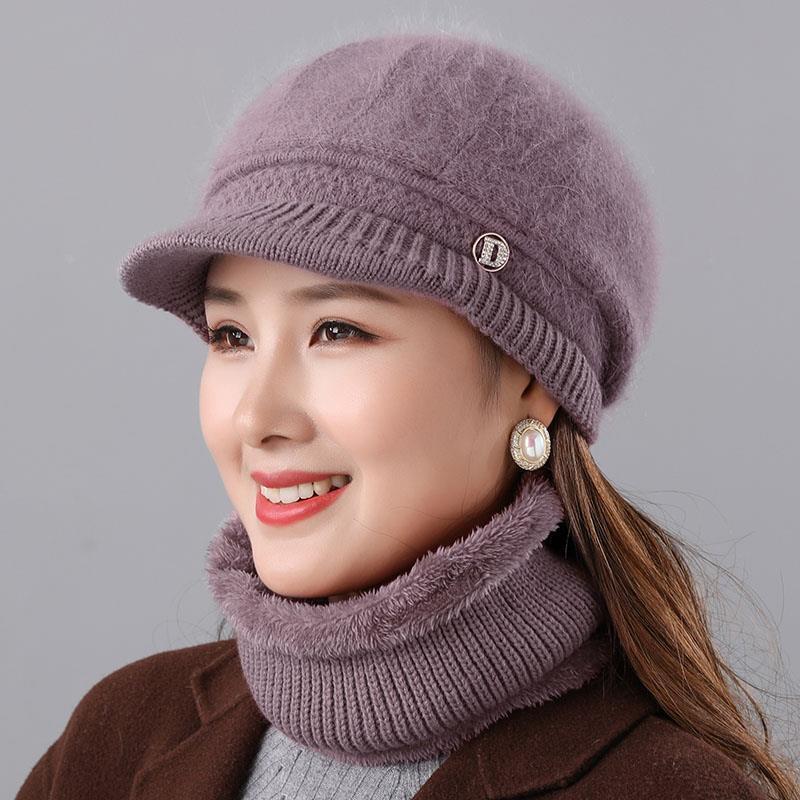 Rabbit Fur Knitted Woolen Cap Women's Autumn Versatile Winter Warm Beanie Hat Taro Color CAP Hat Scarf GlamzKart