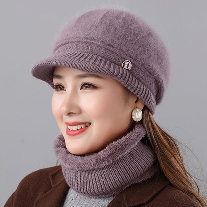 Rabbit Fur Knitted Woolen Cap Women's Autumn Versatile Winter Warm Beanie Hat Taro Color CAP Hat Scarf GlamzKart