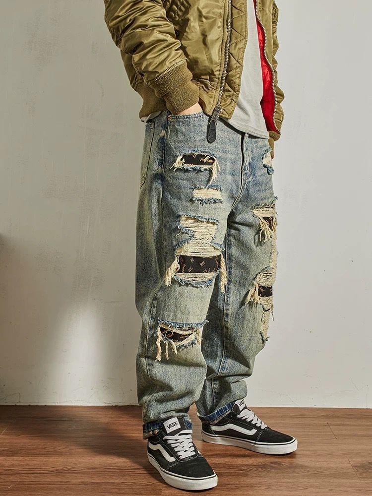 Jeans Men's Loose Straight Tapered Distressed Broken Holes Pants Light Blue GlamzKart