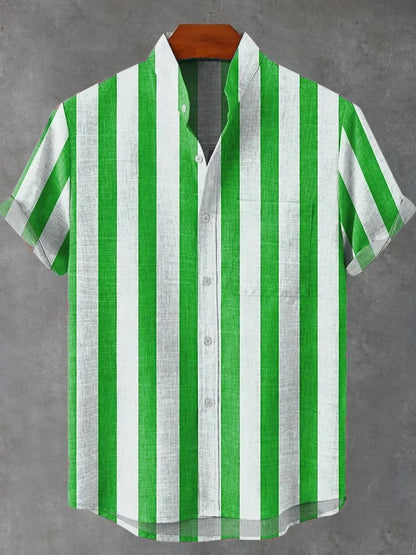 Men's Stand Collar Contrast Color Striped Casual Cool Versatile Short Sleeve ZM80407005 GlamzKart
