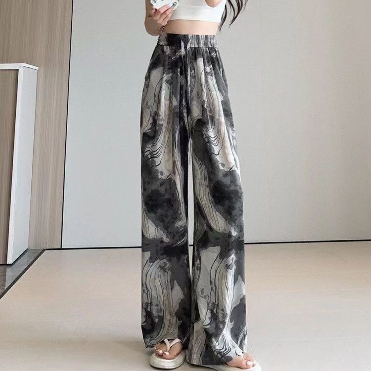 Tie-dyed Ink Painting Elastic High Waist Loose Casual Pants Ink Mountain And River Average Size GlamzKart