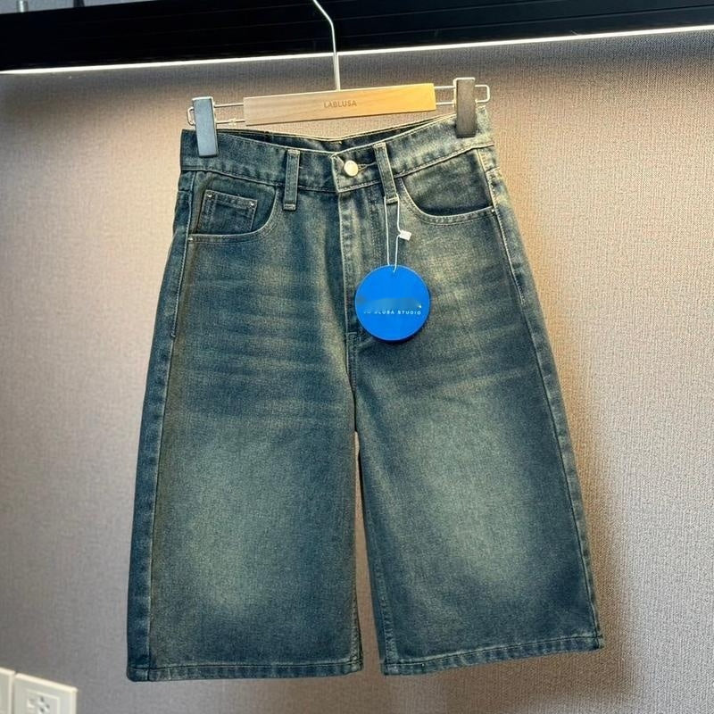 American Retro Washed Loose Design Fifth Pants Men Retro Blue GlamzKart