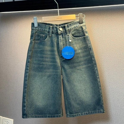 American Retro Washed Loose Design Fifth Pants Men Retro Blue GlamzKart