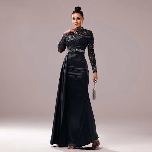 Long Sleeve Slim-fit Sheath Pearl Banquet Fishtail Evening Dress GlamzKart