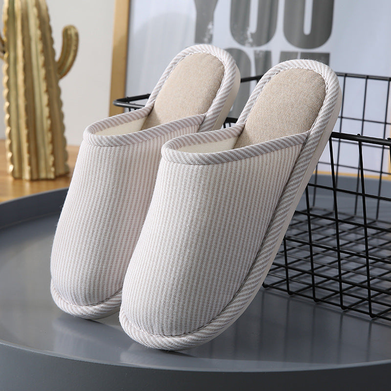 Household Stripes Home Indoor Non Slip Cotton Slippers Khaki GlamzKart