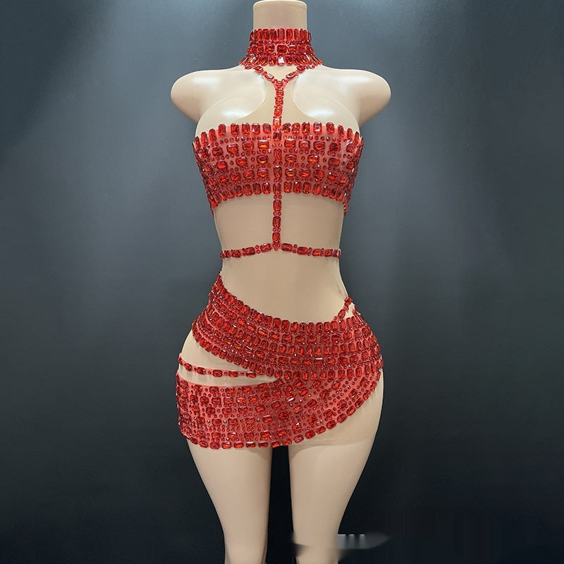 High-end And Fashionable Rhinestone Tube Top Short Skirt Top Vest Red GlamzKart