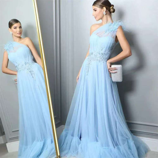 Blue One-shoulder Feather Wedding Dress GlamzKart