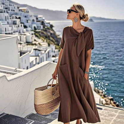 Elegant Short Sleeve Bow Pocket Wide Hem Loose Long Dress