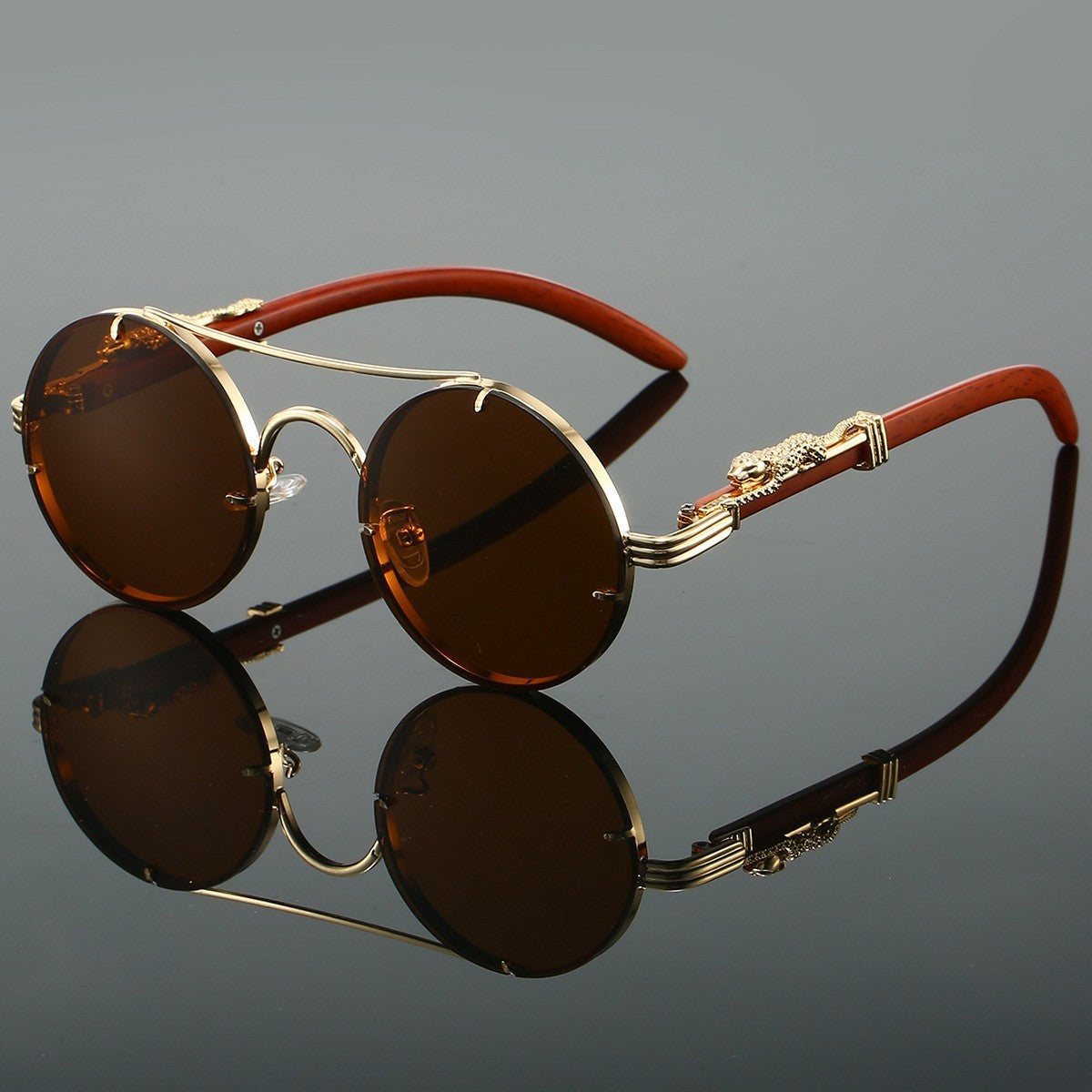 Retro Double Beam Leopard Head Sunglasses Gold Frame Dried GlamzKart