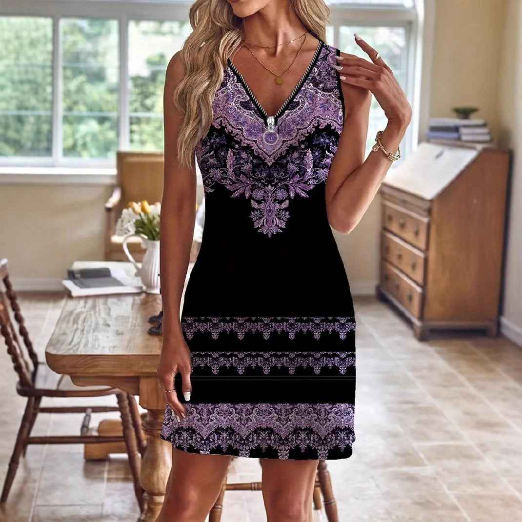 Women's Printed Sling Fashion Casual V-neck Zipper Sleeveless Dress
