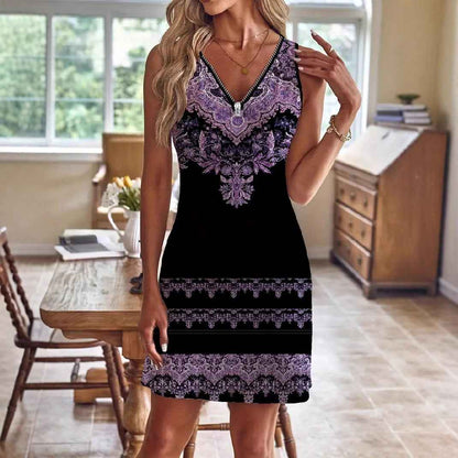 Women's Printed Sling Fashion Casual V-neck Zipper Sleeveless Dress