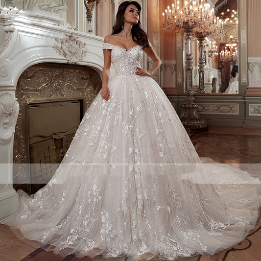 Off-shoulder French-style Bride Trailing Mori Style Simple Small Wedding Dress GlamzKart