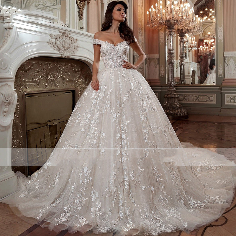 Off-shoulder French-style Bride Trailing Mori Style Simple Small Wedding Dress White GlamzKart