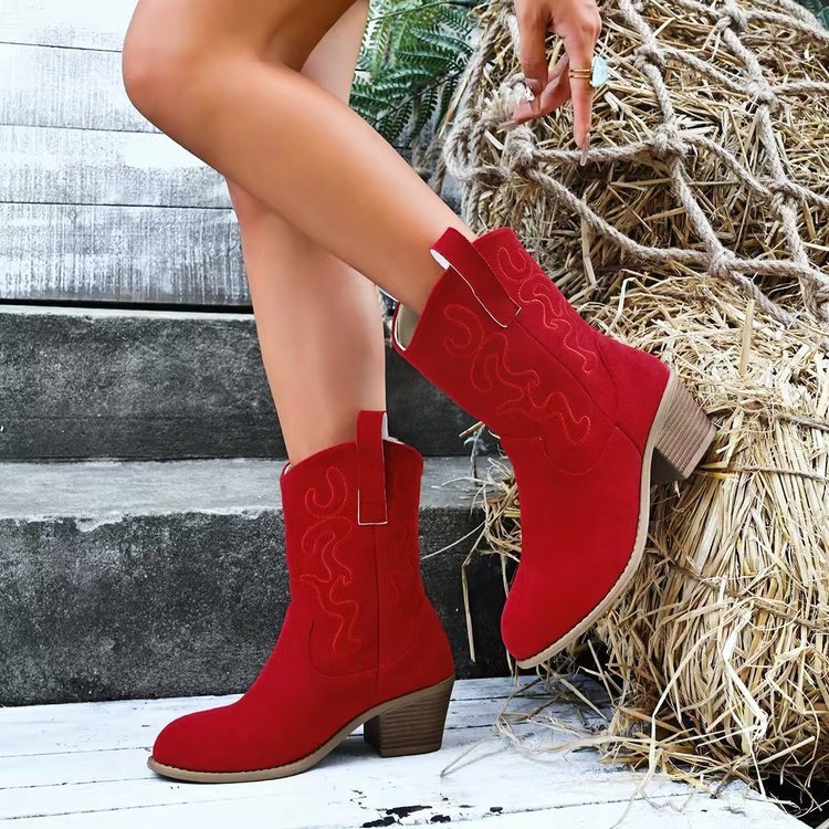 Plus Size Square Heel Round Head V Cut Women's Mid Boots Red GlamzKart