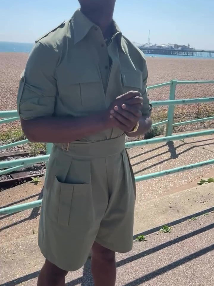 Army Green Long Sleeve Pocket Shirt & High Waist Shorts Set GlamzKart