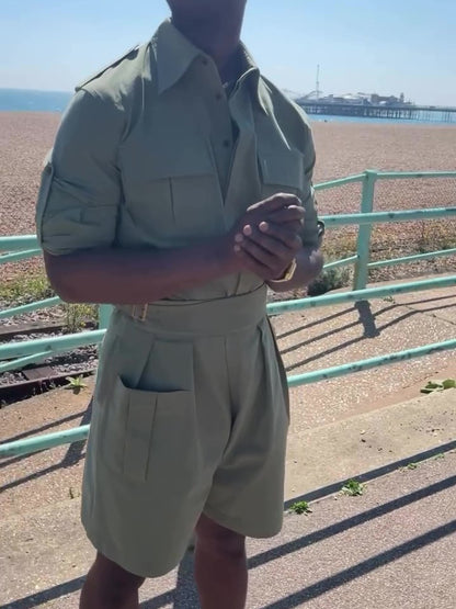 Army Green Long Sleeve Pocket Shirt & High Waist Shorts Set GlamzKart