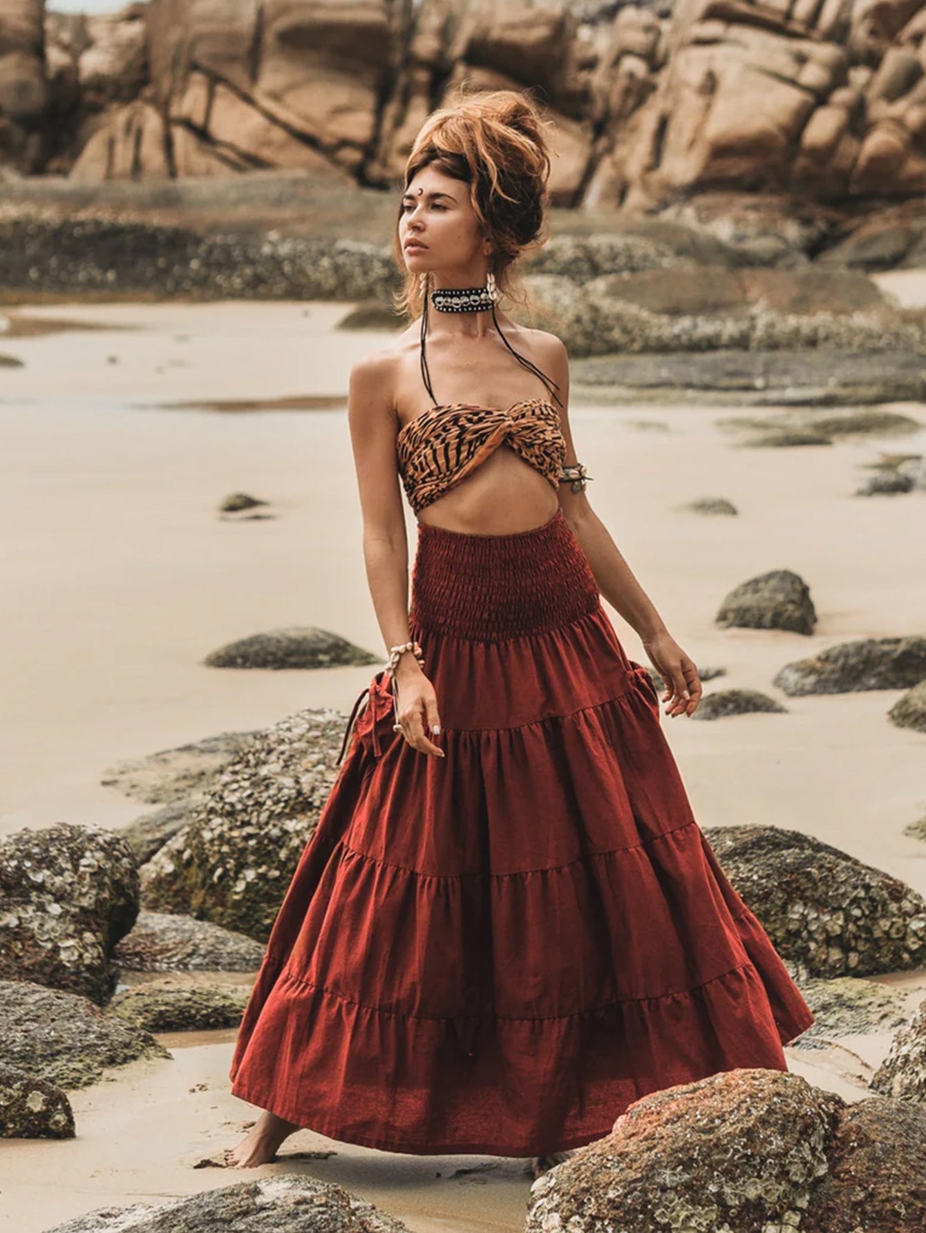 Casual Women Bohemian Loose Solid Skirt Purplish Red GlamzKart