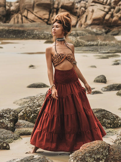 Casual Women Bohemian Loose Solid Skirt Purplish Red GlamzKart
