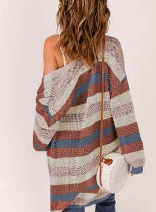 Blue Striped Color Block Hollowed Knit Cardigan