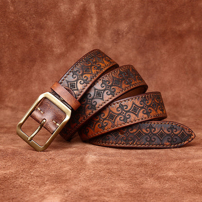 Thick First Layer Cowhide Double-sided Available Carved Genuine Leather Belt Khaki GlamzKart