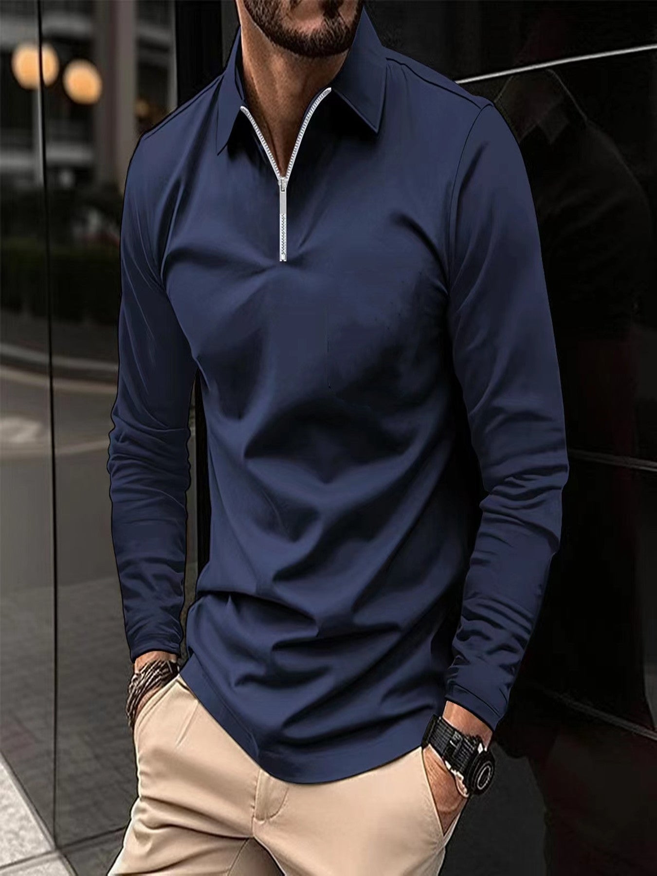 Zipper Men's Solid Color Long Sleeve Sports Polo Shirt Navy Blue GlamzKart