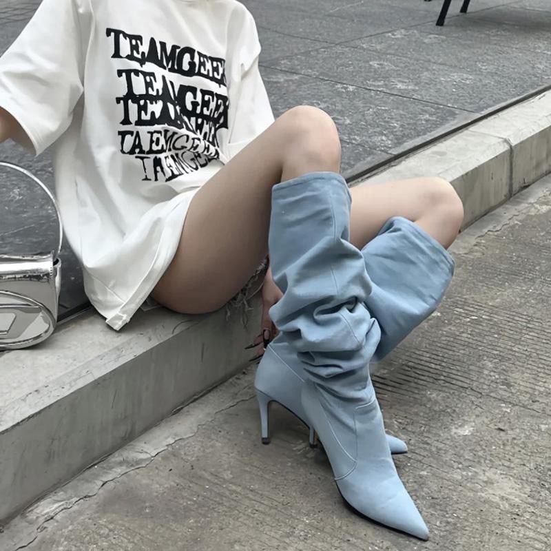Pointed Toe Women's Stiletto Denim High Heel Below The Knee Boots GlamzKart