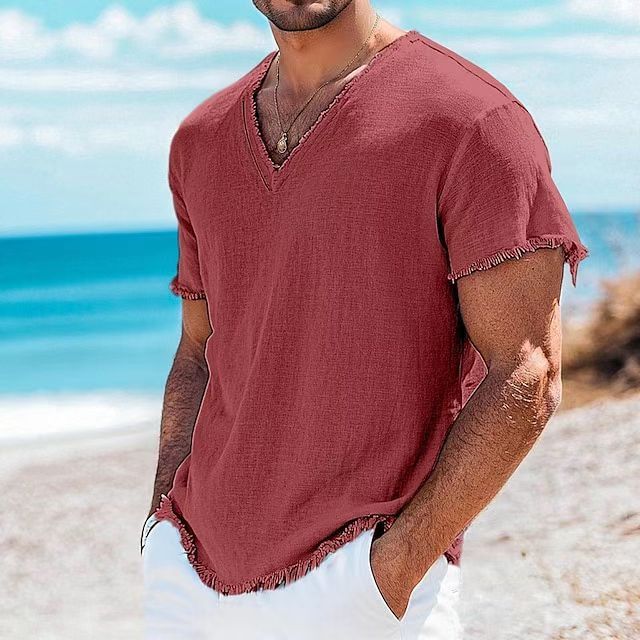 Men's Cotton And Linen Solid Color Short Sleeve GlamzKart
