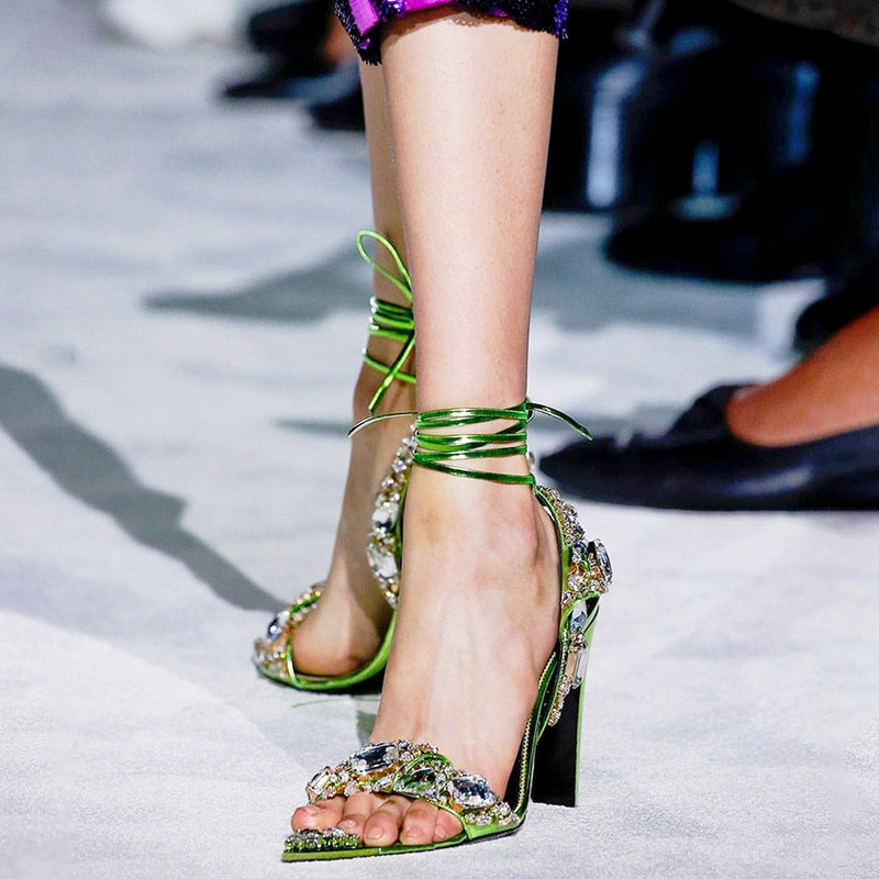 European And American Super High Heel Pointed Toe Rhinestone Fashion Banquet Catwalk Green GlamzKart