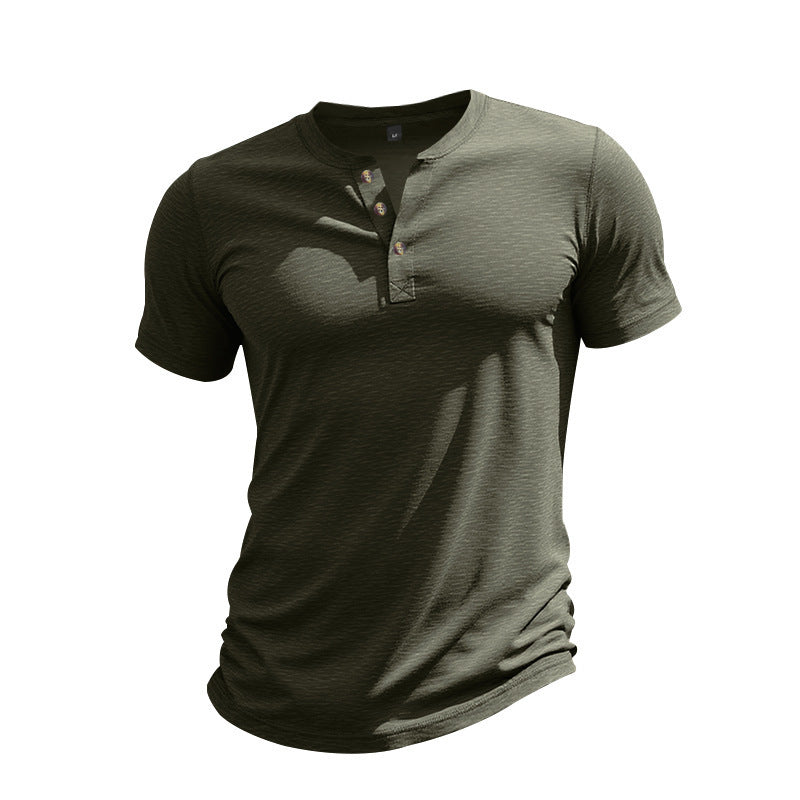 Muscle Bamboo Retro Henley Shirt Short Sleeve Army Green GlamzKart