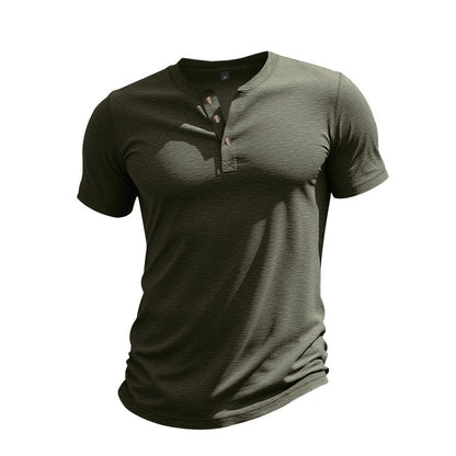 Muscle Bamboo Retro Henley Shirt Short Sleeve Army Green GlamzKart