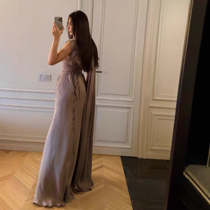 Pleated Ribbon Satin Evening Dress GlamzKart